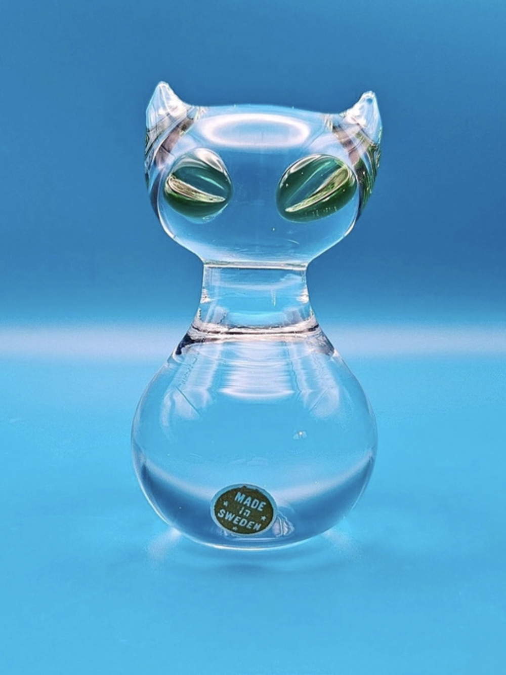 Vintage MCM Swedish Art Glass Cat Figurine with Green Eyes